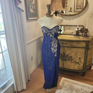 Della Roufogali Dore Fully Beaded Royal Blue & Silver 90s Evening Gown 4 Small